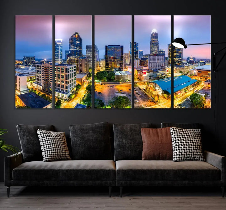 Extra Large Charlotte City Lights Purple Sunset Skyline Wall Art Canvas Print