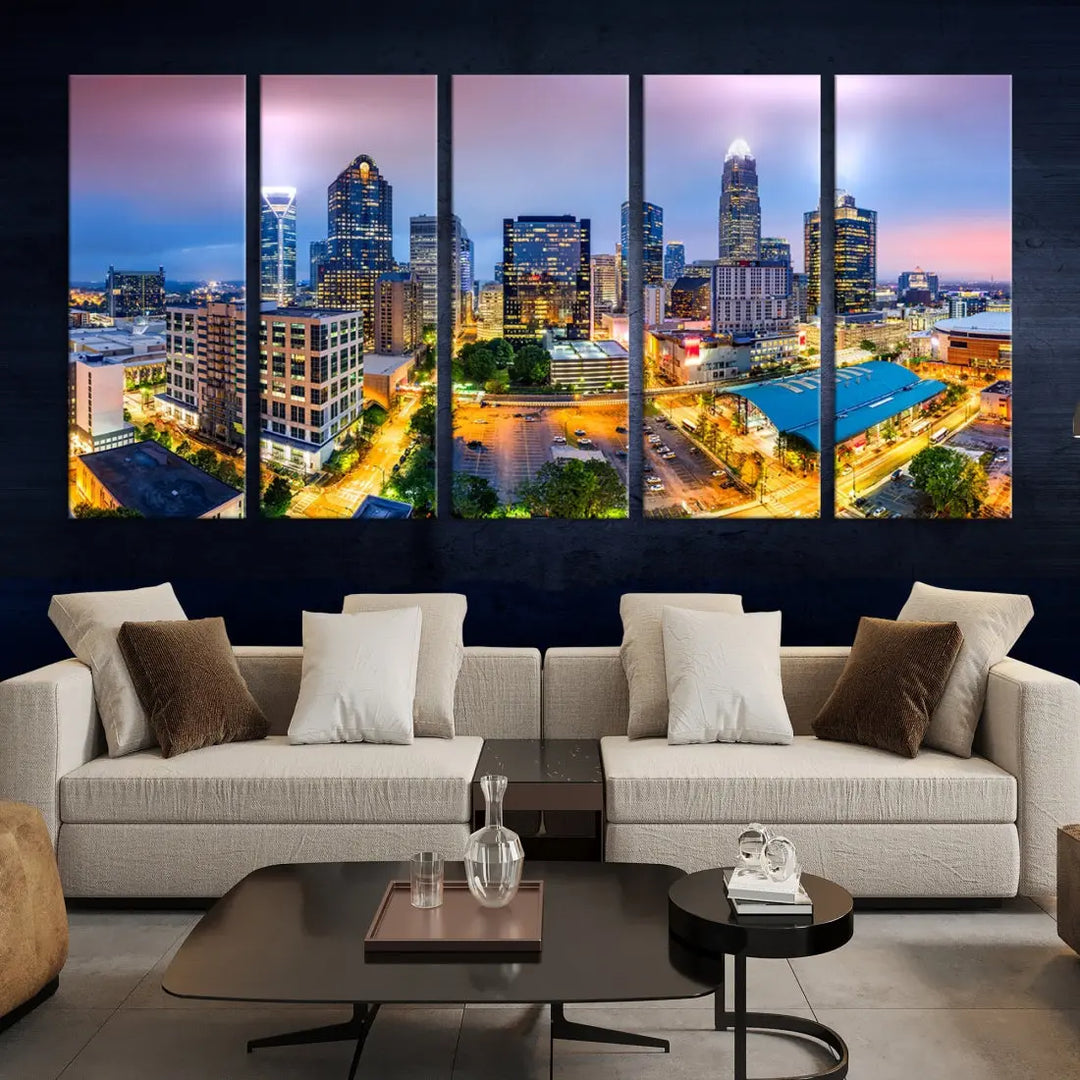 Extra Large Charlotte City Lights Purple Sunset Skyline Wall Art Canvas Print