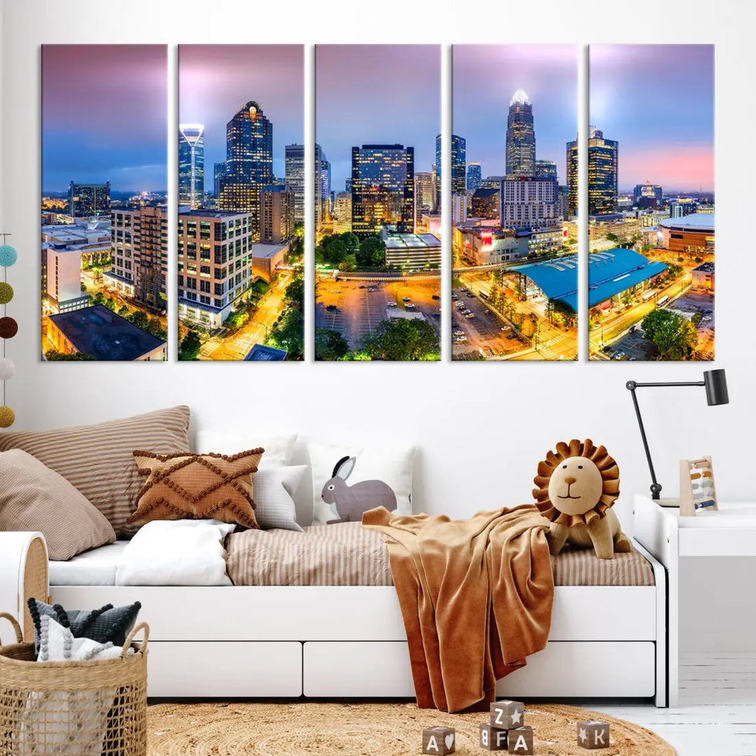 Extra Large Charlotte City Lights Purple Sunset Skyline Wall Art Canvas Print