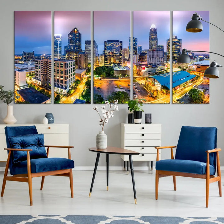 Extra Large Charlotte City Lights Purple Sunset Skyline Wall Art Canvas Print