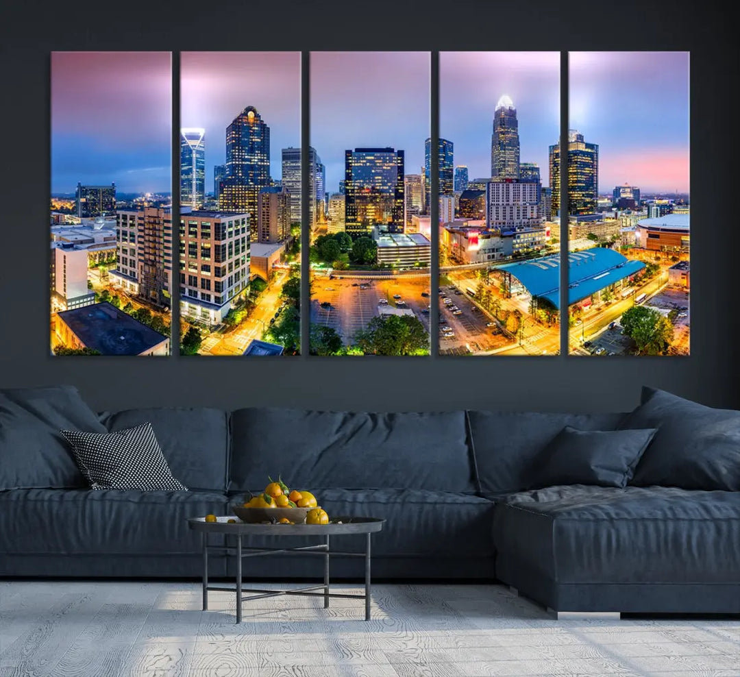 Extra Large Charlotte City Lights Purple Sunset Skyline Wall Art Canvas Print