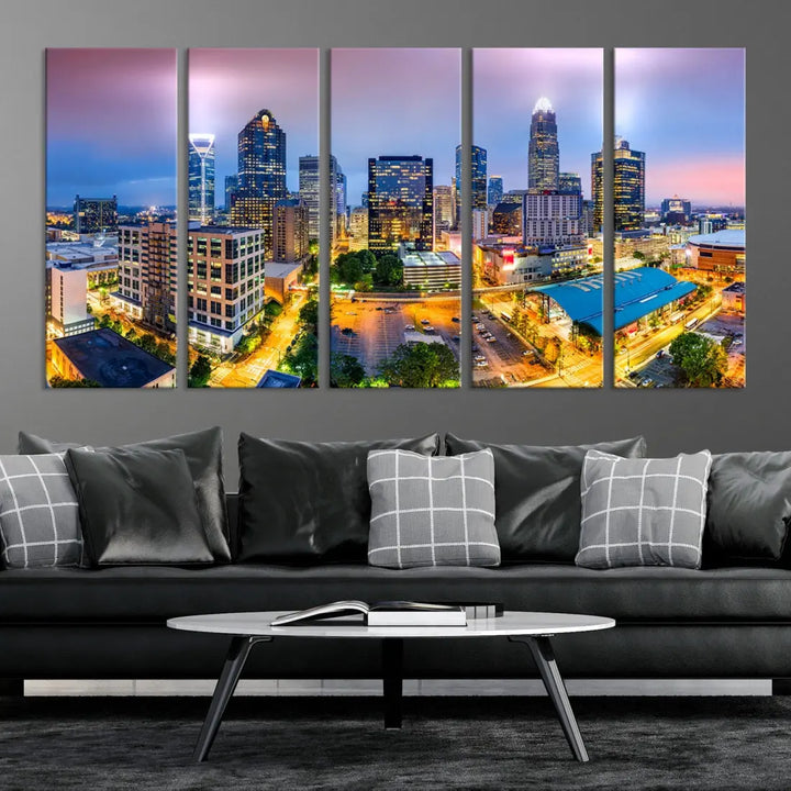 Extra Large Charlotte City Lights Purple Sunset Skyline Wall Art Canvas Print