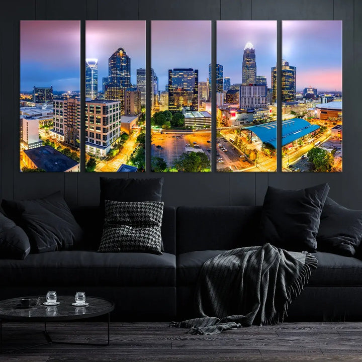 Extra Large Charlotte City Lights Purple Sunset Skyline Wall Art Canvas Print