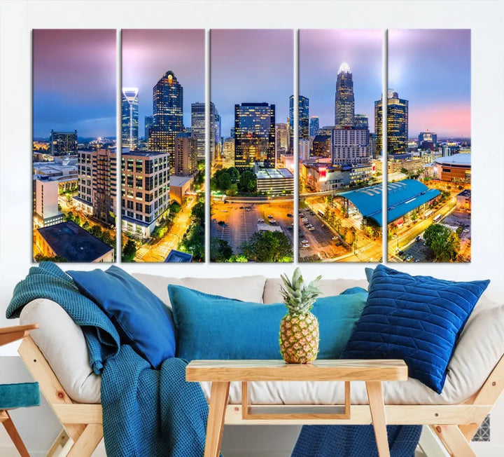 Extra Large Charlotte City Lights Purple Sunset Skyline Wall Art Canvas Print