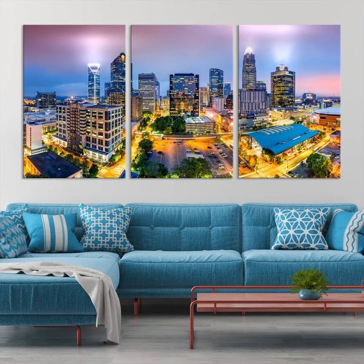 Extra Large Charlotte Cityscape Skyline Wall Art Framed Canvas Print