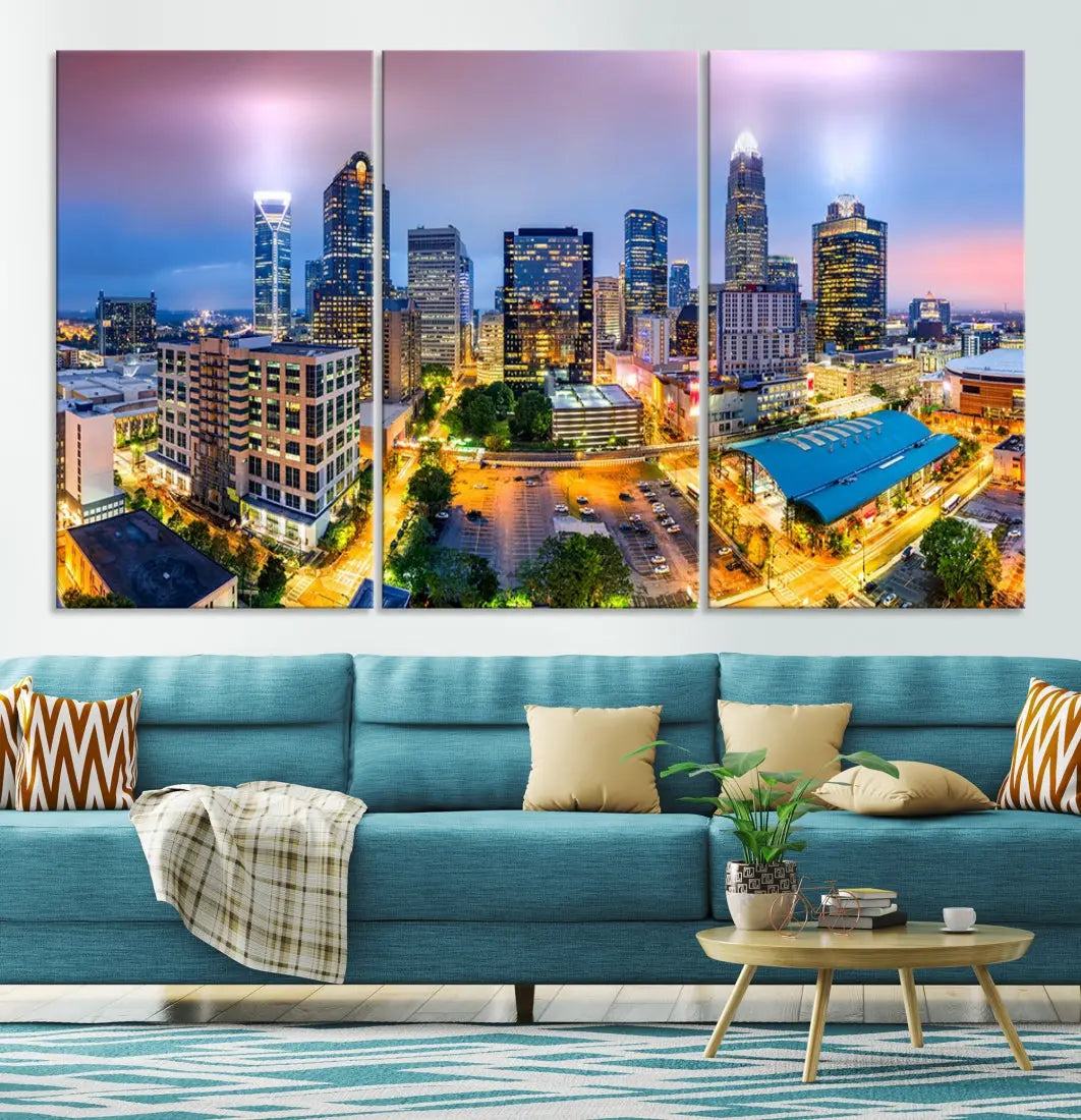 Extra Large Charlotte Cityscape Skyline Wall Art Framed Canvas Print