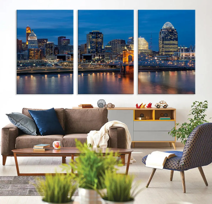 Extra Large Cincinnati Night Skyline Cityscape Wall Art Canvas Print