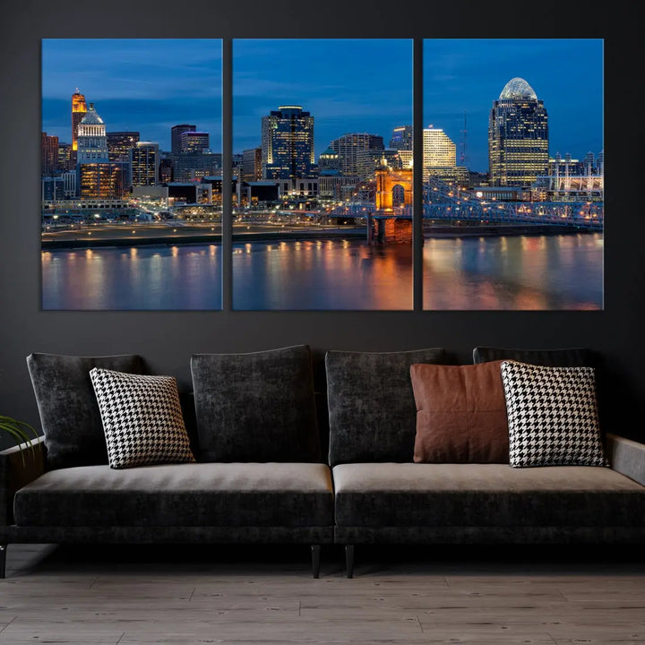 Extra Large Cincinnati Night Skyline Cityscape Wall Art Canvas Print