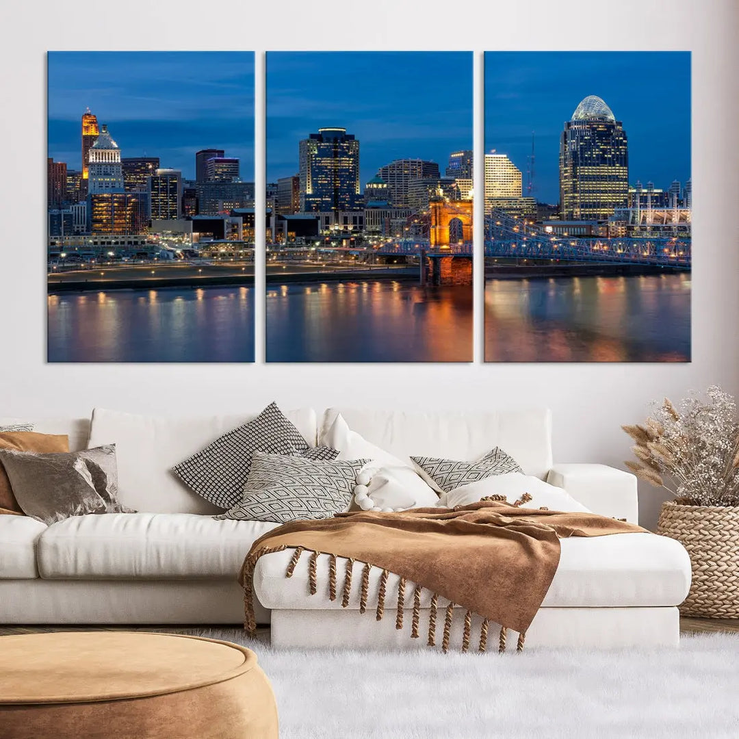 Extra Large Cincinnati Night Skyline Cityscape Wall Art Canvas Print