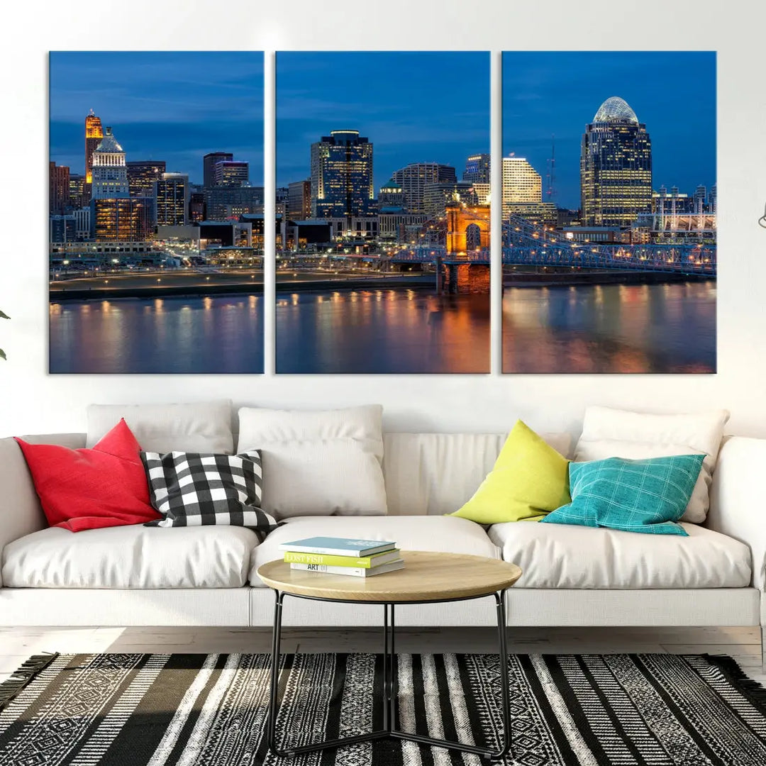 Extra Large Cincinnati Night Skyline Cityscape Wall Art Canvas Print