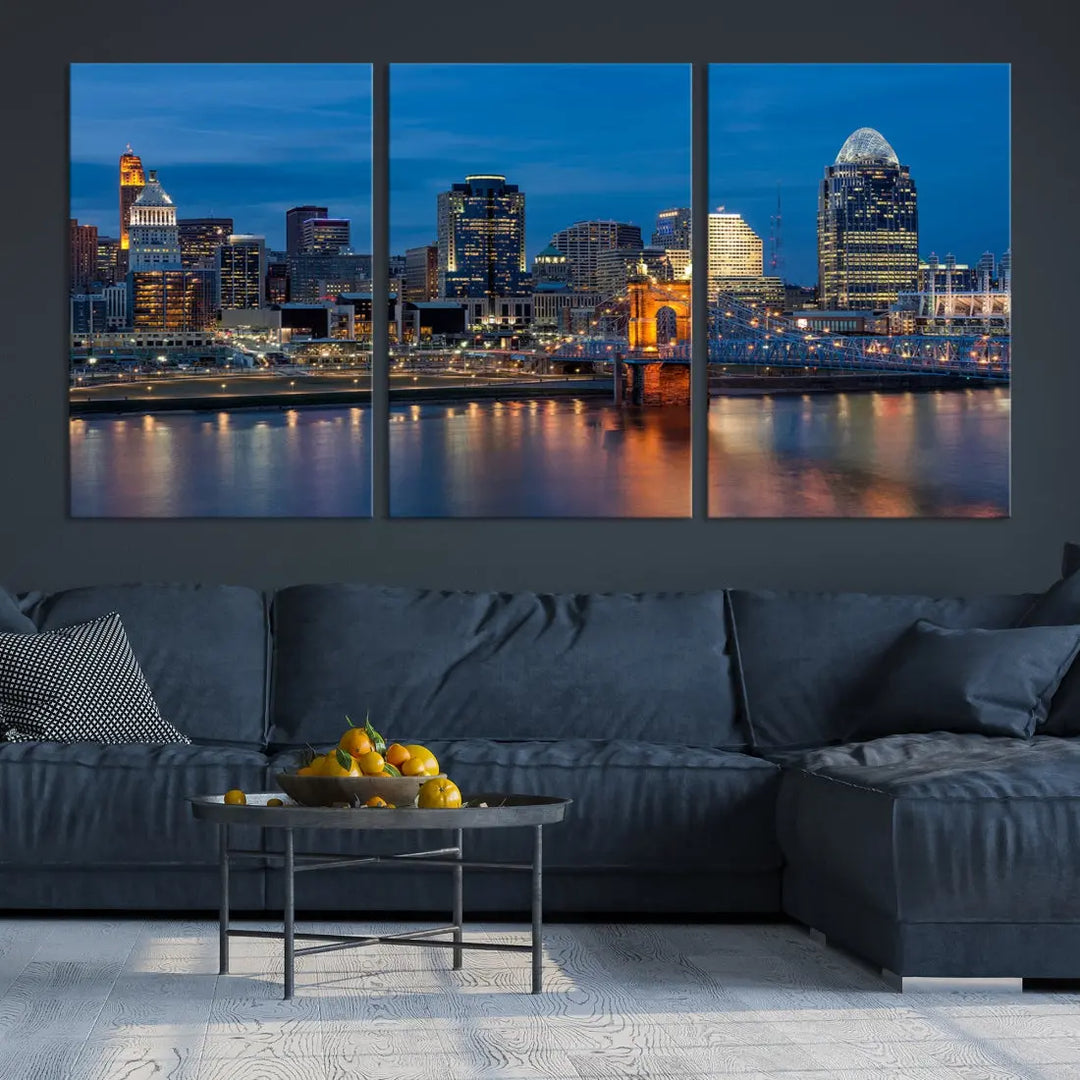 Extra Large Cincinnati Night Skyline Cityscape Wall Art Canvas Print