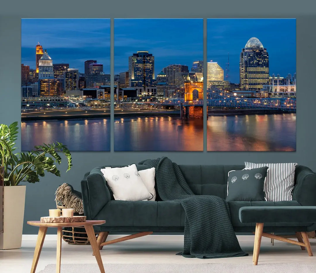 Extra Large Cincinnati Night Skyline Cityscape Wall Art Canvas Print