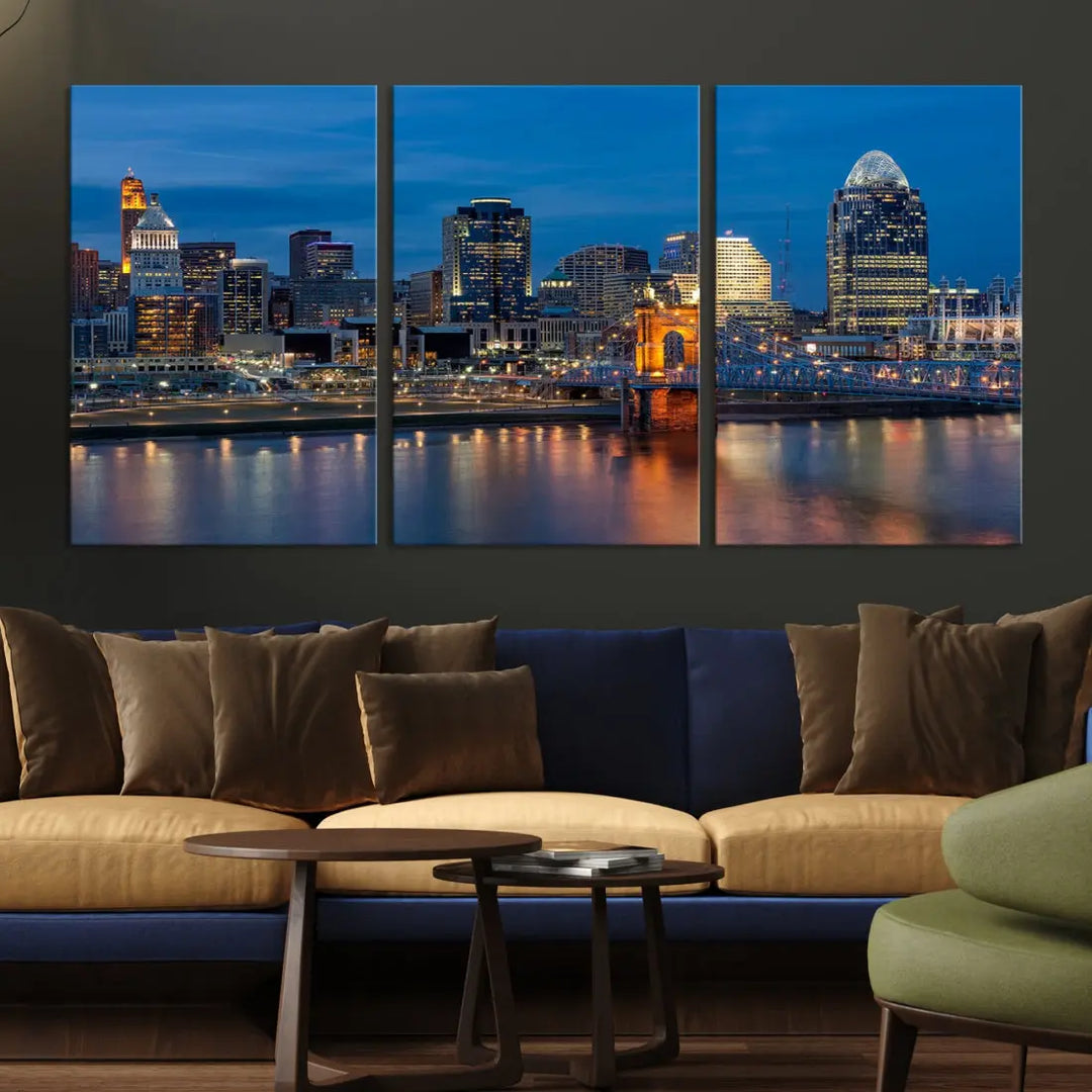 Extra Large Cincinnati Night Skyline Cityscape Wall Art Canvas Print