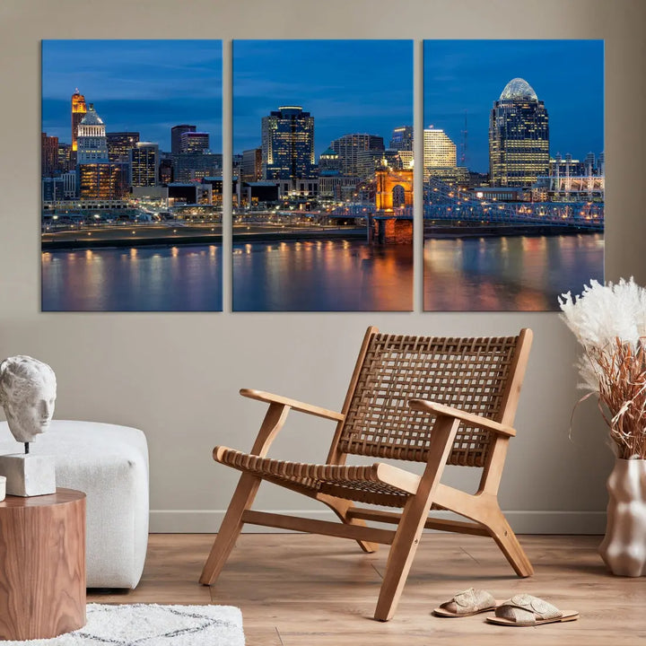 Extra Large Cincinnati Night Skyline Cityscape Wall Art Canvas Print