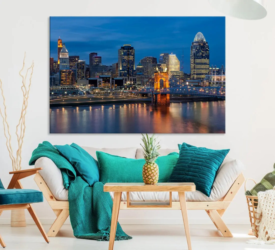 Extra Large Cincinnati Night Skyline Cityscape Wall Art Canvas Print