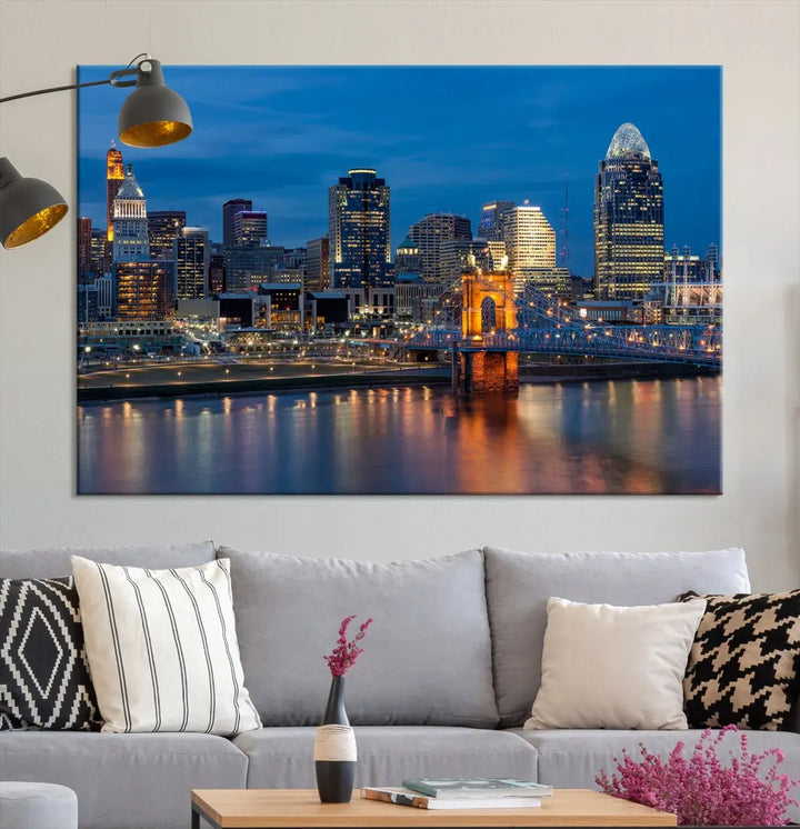 Extra Large Cincinnati Night Skyline Cityscape Wall Art Canvas Print