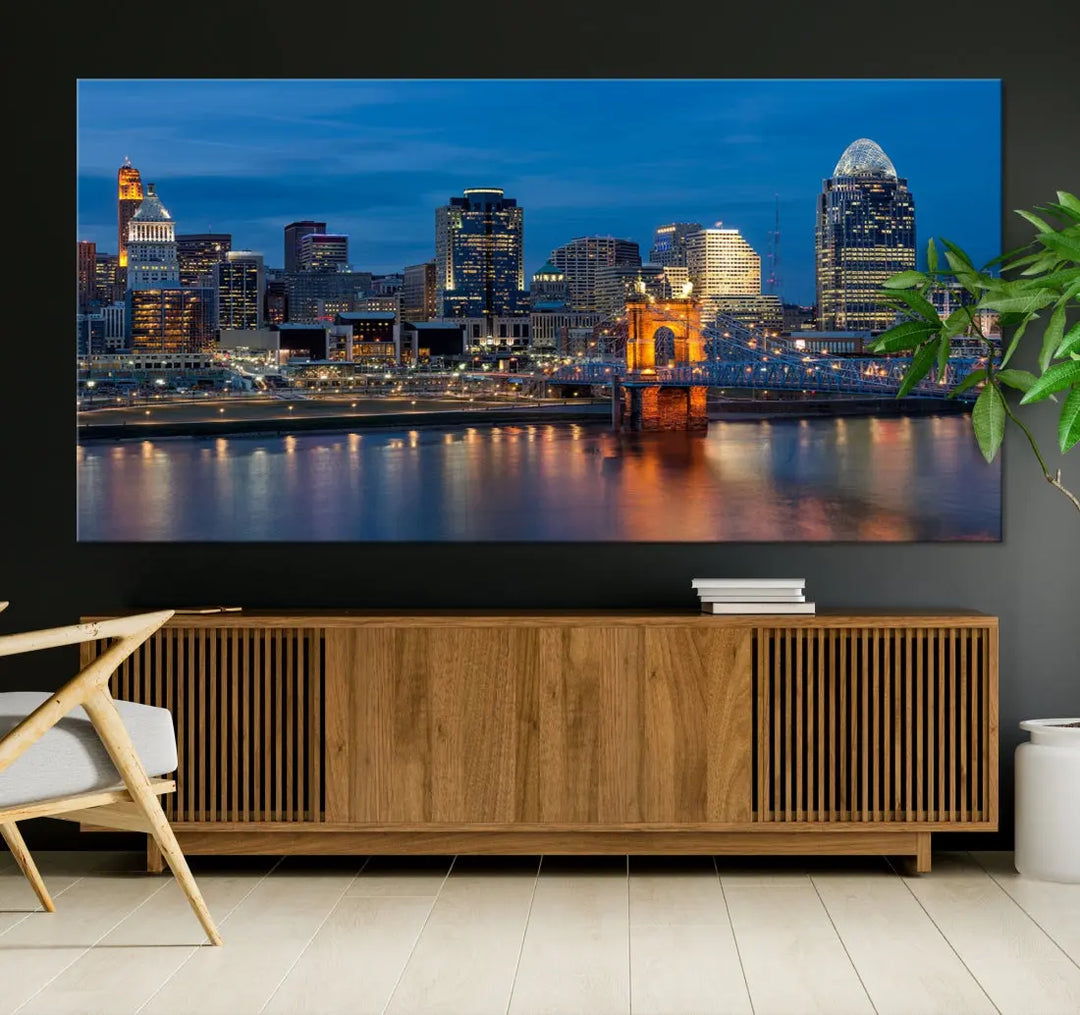 Extra Large Cincinnati Night Skyline Cityscape Wall Art Canvas Print