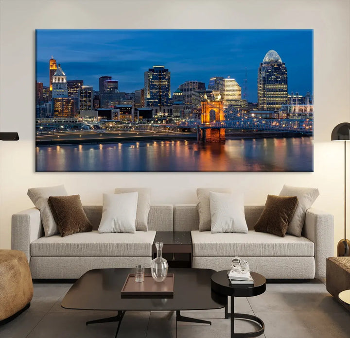 Extra Large Cincinnati Night Skyline Cityscape Wall Art Canvas Print