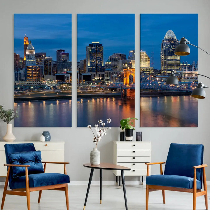 Extra Large Cincinnati Night Skyline Cityscape Wall Art Canvas Print