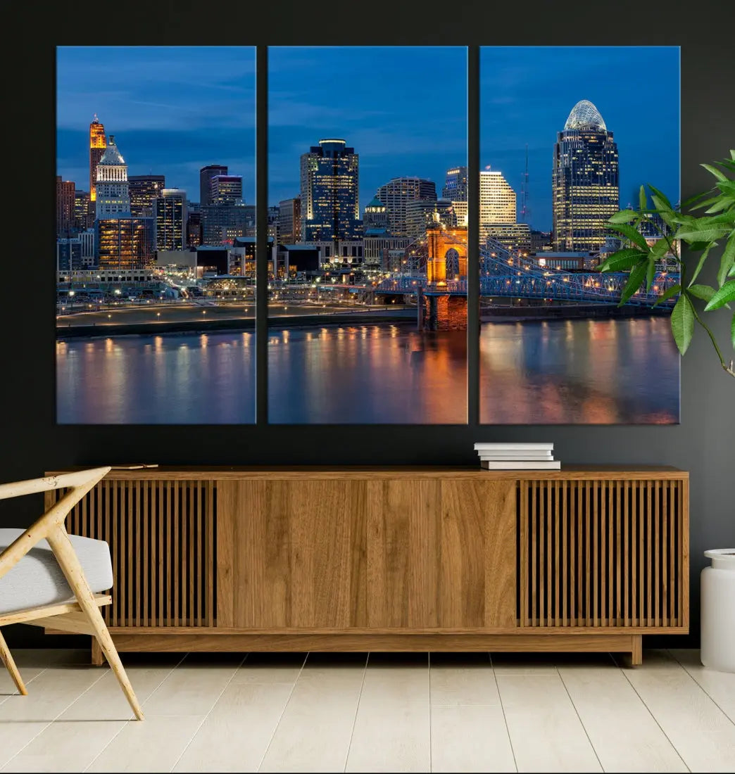 Extra Large Cincinnati Night Skyline Cityscape Wall Art Canvas Print