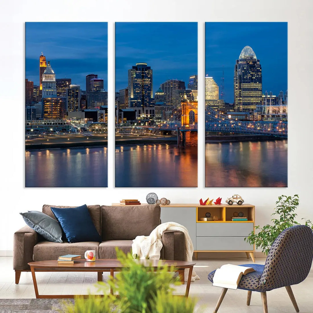 Extra Large Cincinnati Night Skyline Cityscape Wall Art Canvas Print