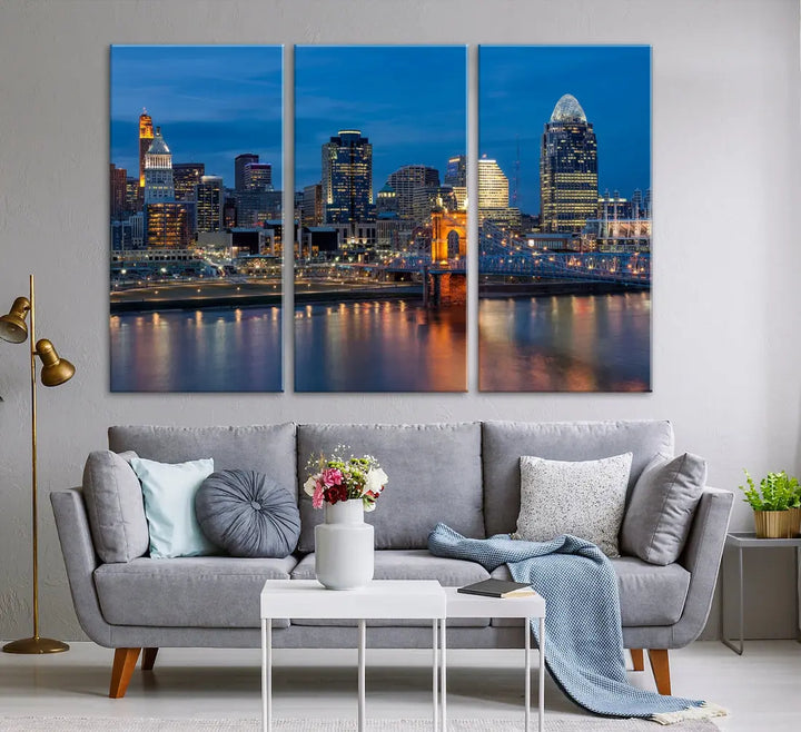 Extra Large Cincinnati Night Skyline Cityscape Wall Art Canvas Print