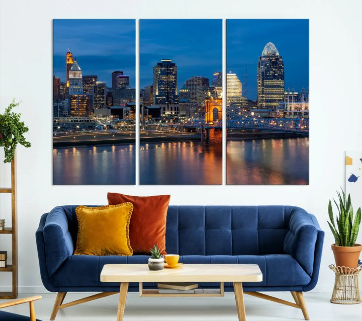 Extra Large Cincinnati Night Skyline Cityscape Wall Art Canvas Print