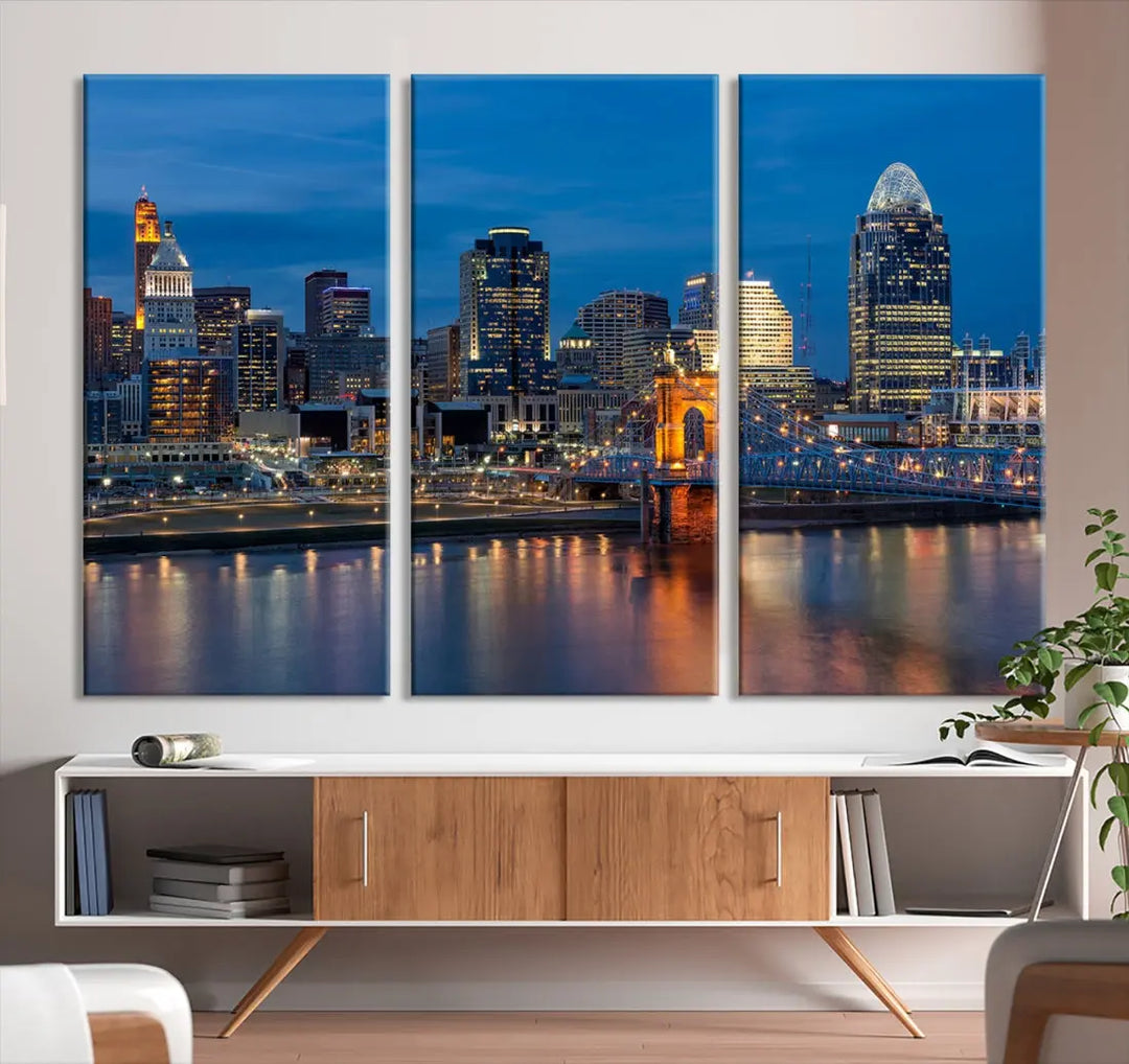 Extra Large Cincinnati Night Skyline Cityscape Wall Art Canvas Print