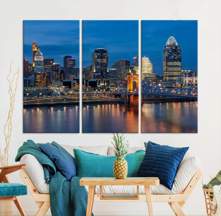 Extra Large Cincinnati Night Skyline Cityscape Wall Art Canvas Print