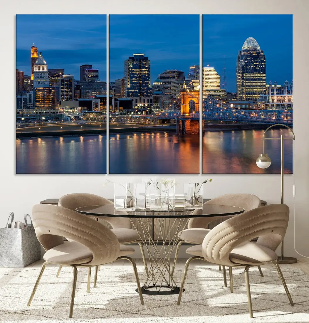 Extra Large Cincinnati Night Skyline Cityscape Wall Art Canvas Print