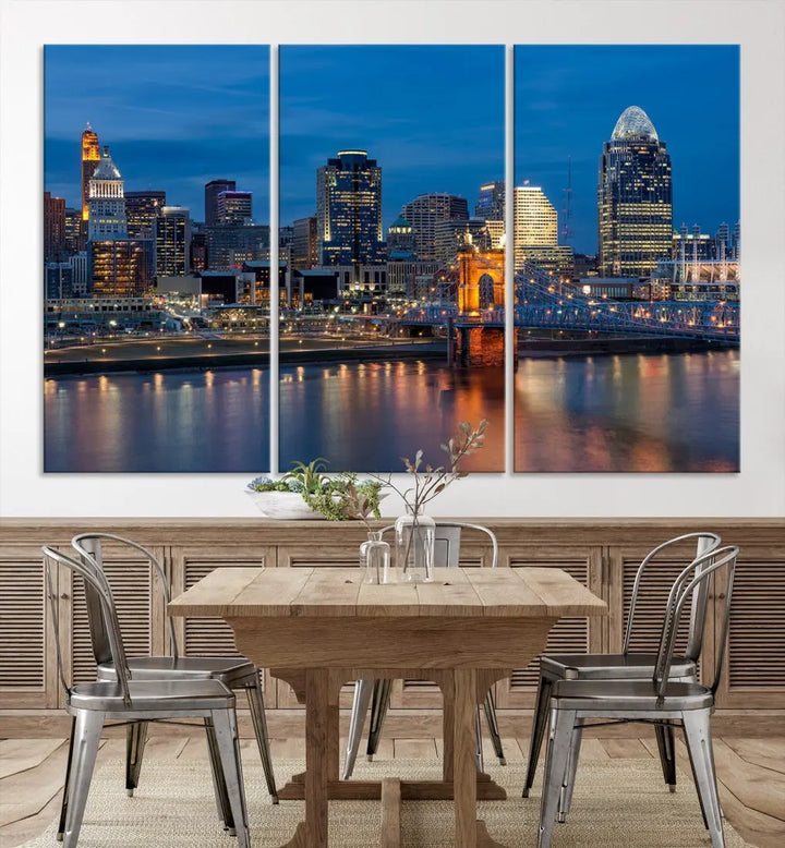 Extra Large Cincinnati Night Skyline Cityscape Wall Art Canvas Print