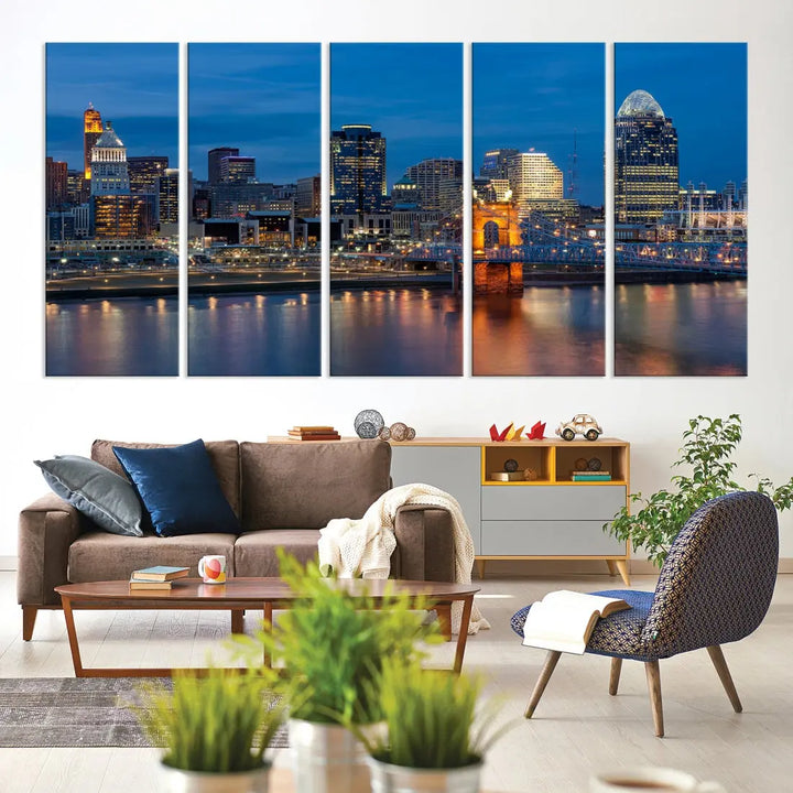 Extra Large Cincinnati Night Skyline Cityscape Wall Art Canvas Print