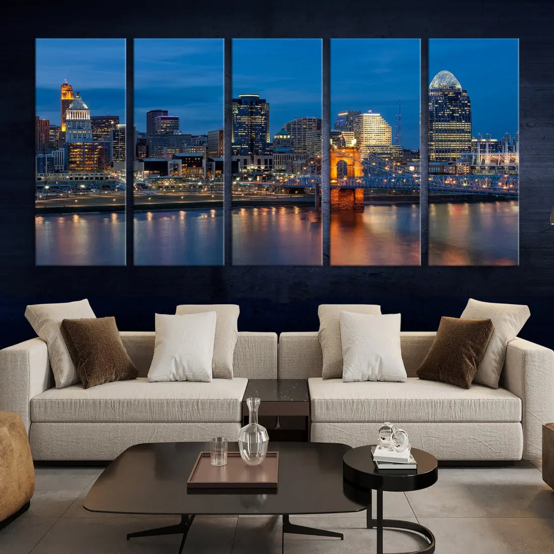 Extra Large Cincinnati Night Skyline Cityscape Wall Art Canvas Print