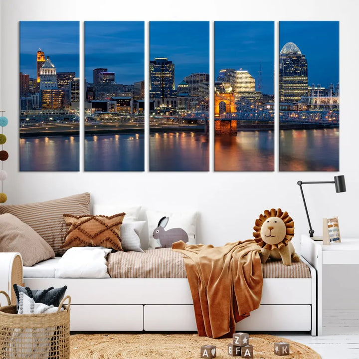 Extra Large Cincinnati Night Skyline Cityscape Wall Art Canvas Print