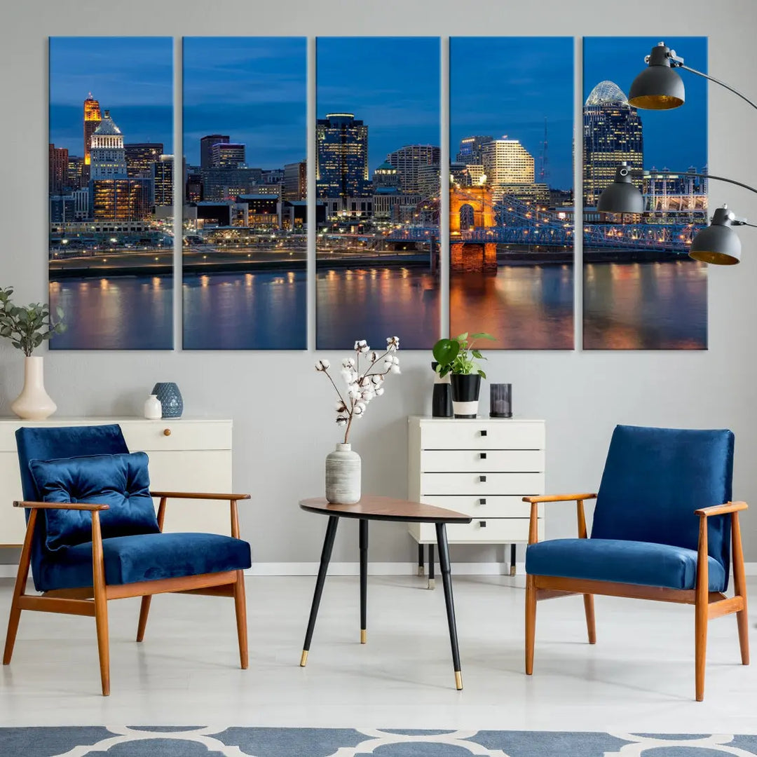 Extra Large Cincinnati Night Skyline Cityscape Wall Art Canvas Print