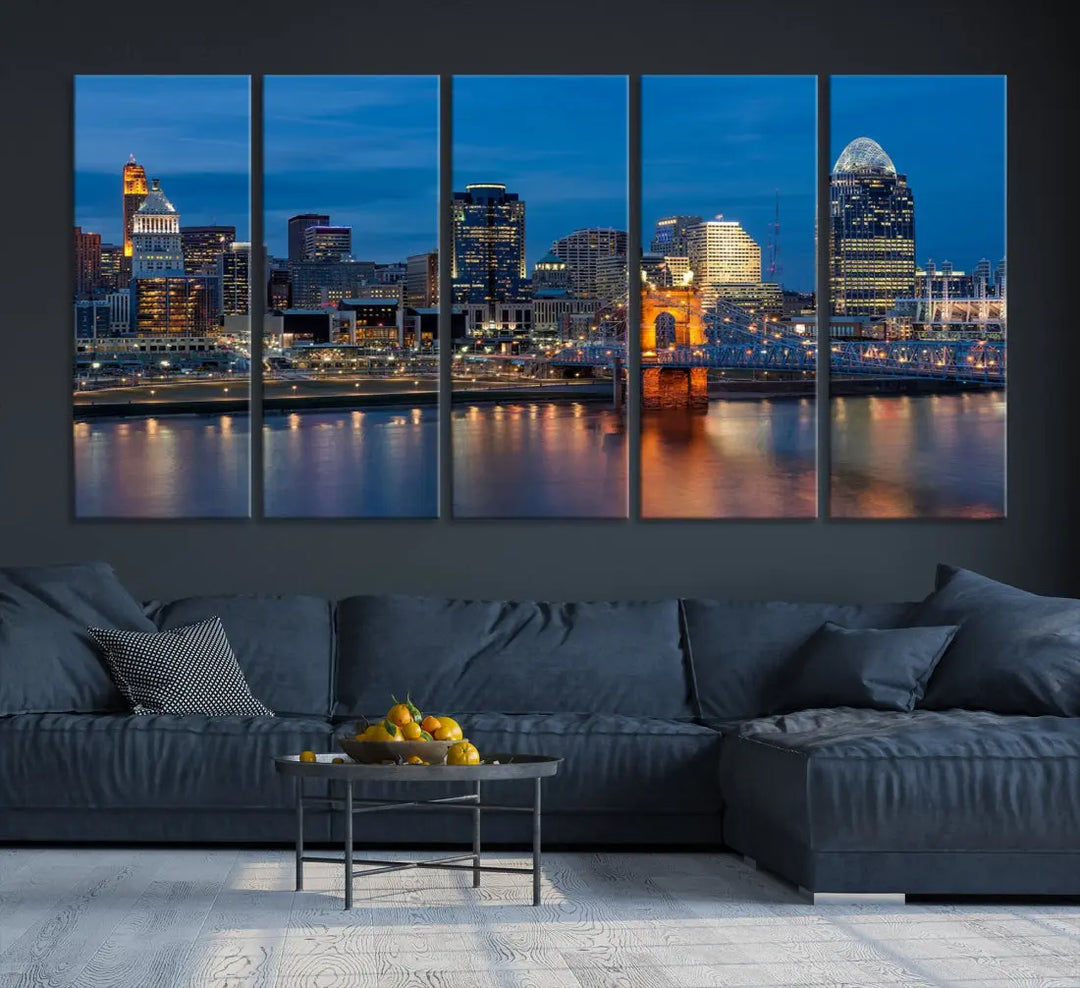 Extra Large Cincinnati Night Skyline Cityscape Wall Art Canvas Print