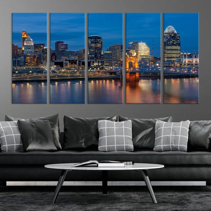 Extra Large Cincinnati Night Skyline Cityscape Wall Art Canvas Print