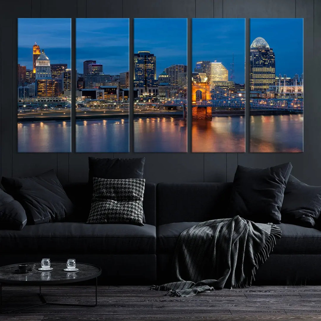 Extra Large Cincinnati Night Skyline Cityscape Wall Art Canvas Print