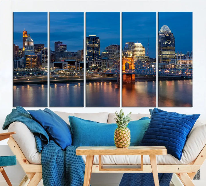 Extra Large Cincinnati Night Skyline Cityscape Wall Art Canvas Print