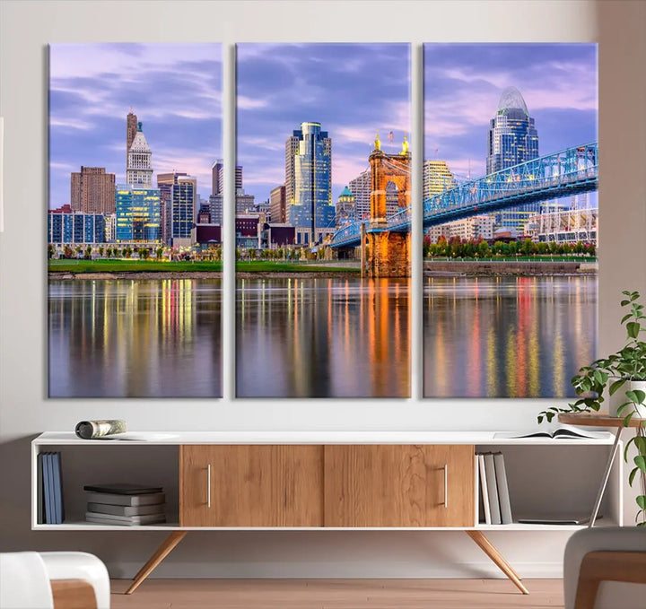 Extra Large Cityscape Cincinnati Sunset Skyline Wall Art Framed Canvas Print