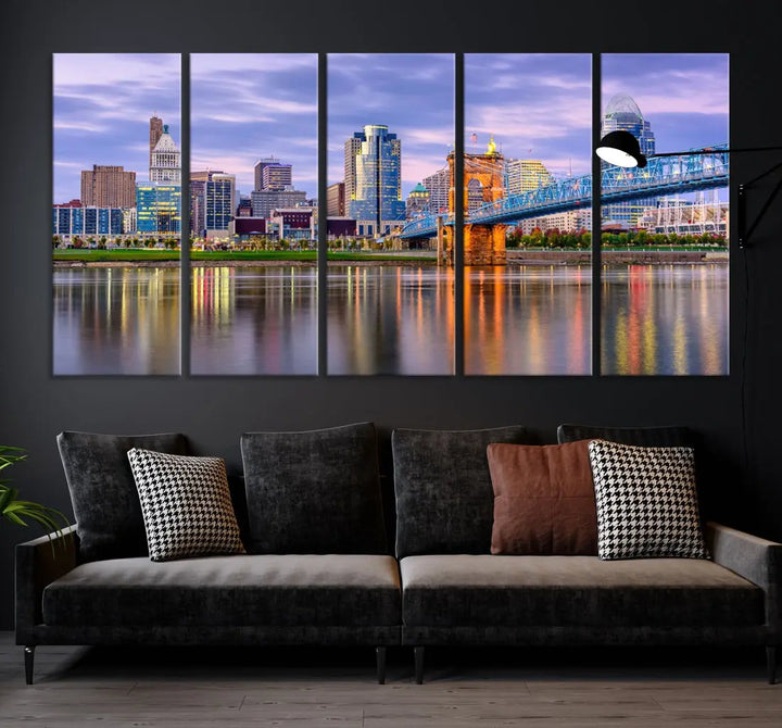 Extra Large Cityscape Cincinnati Sunset Skyline Wall Art Framed Canvas Print