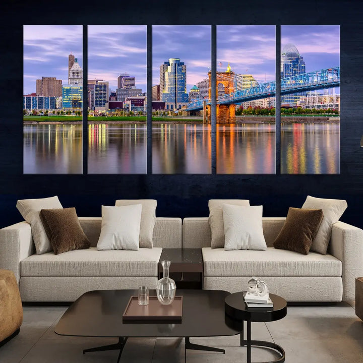 Extra Large Cityscape Cincinnati Sunset Skyline Wall Art Framed Canvas Print