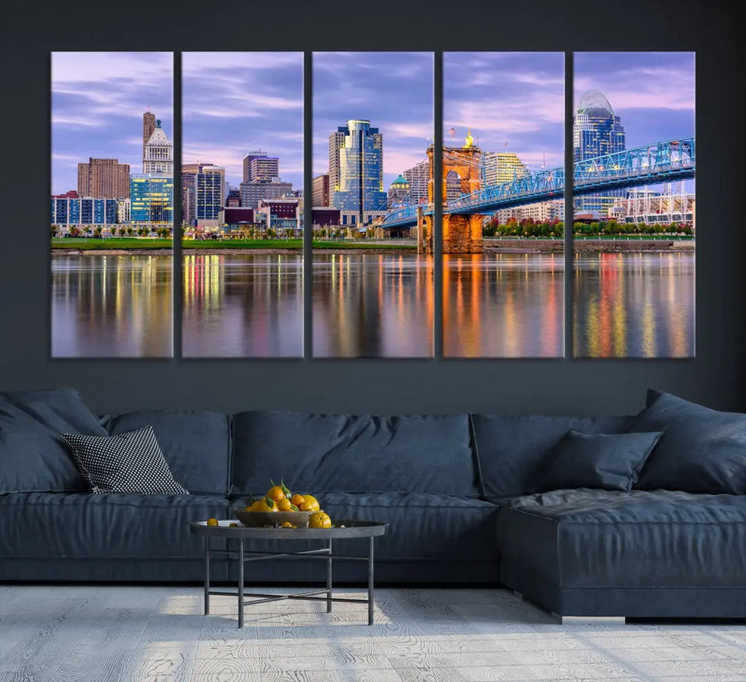 Extra Large Cityscape Cincinnati Sunset Skyline Wall Art Framed Canvas Print