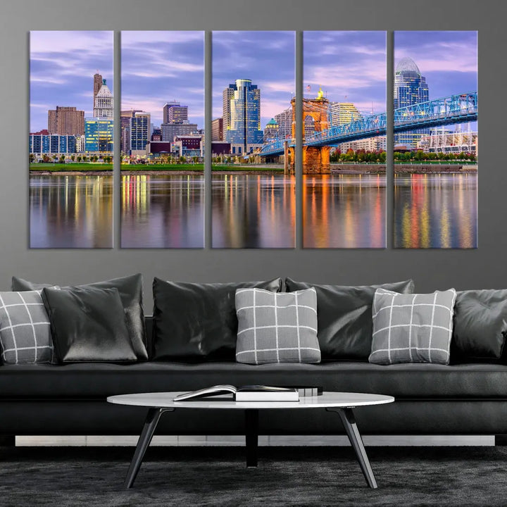 Extra Large Cityscape Cincinnati Sunset Skyline Wall Art Framed Canvas Print