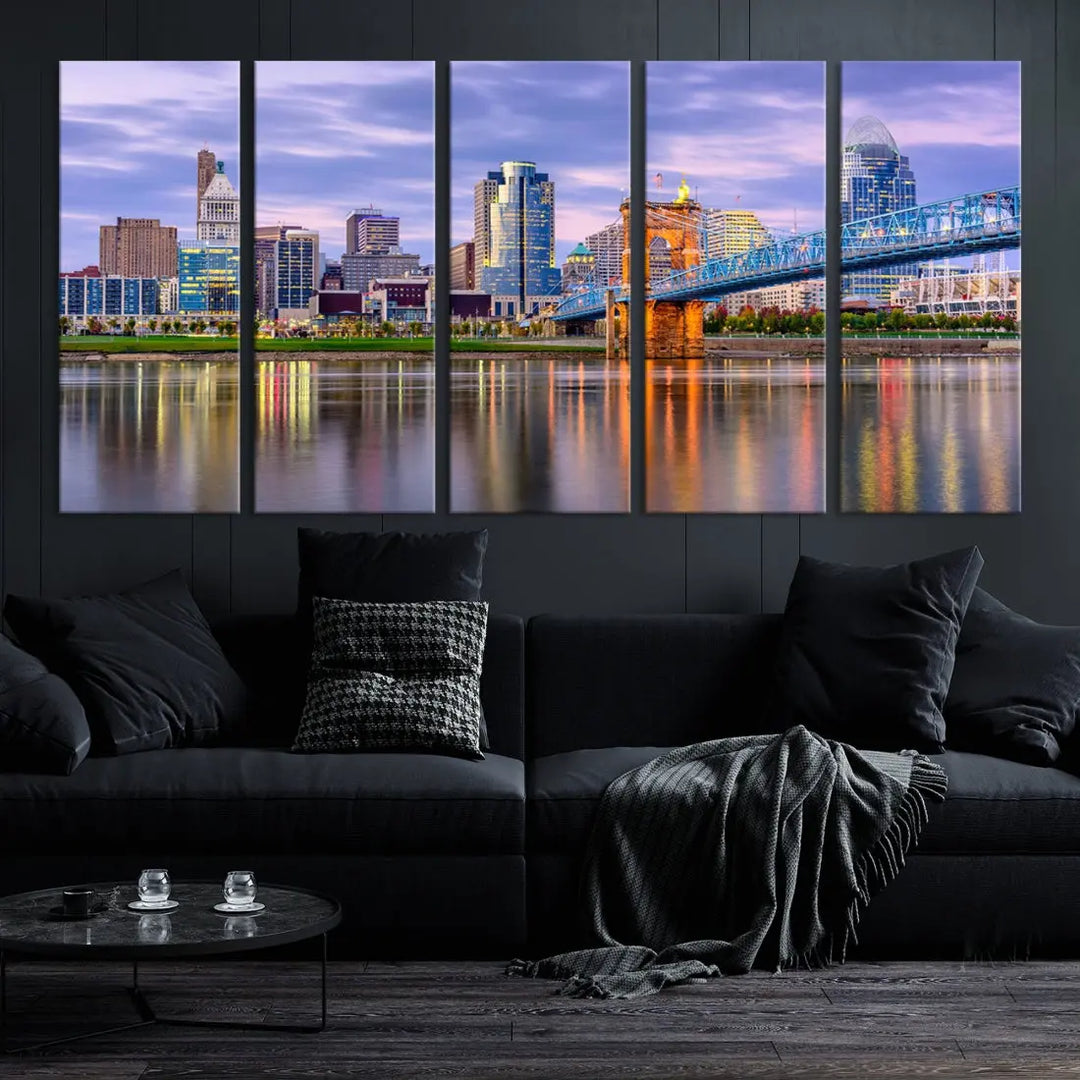 Extra Large Cityscape Cincinnati Sunset Skyline Wall Art Framed Canvas Print