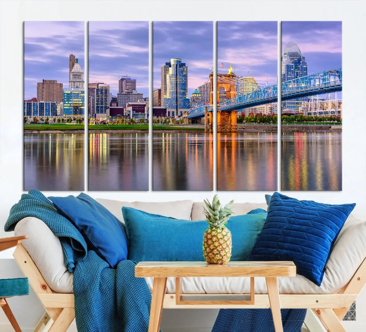 Extra Large Cityscape Cincinnati Sunset Skyline Wall Art Framed Canvas Print