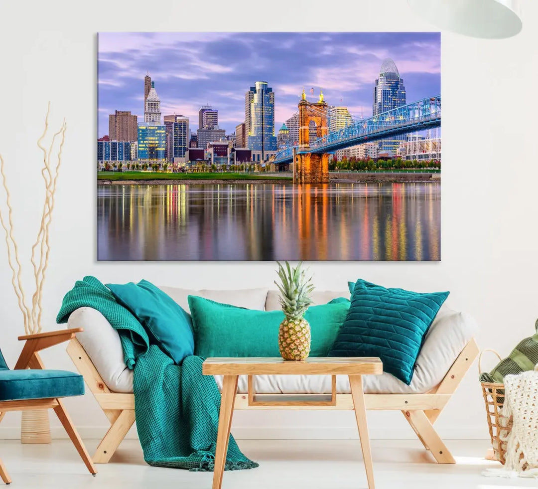 Extra Large Cityscape Cincinnati Sunset Skyline Wall Art Framed Canvas Print