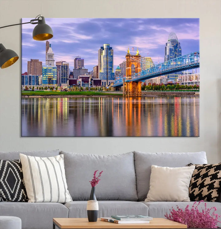 Extra Large Cityscape Cincinnati Sunset Skyline Wall Art Framed Canvas Print