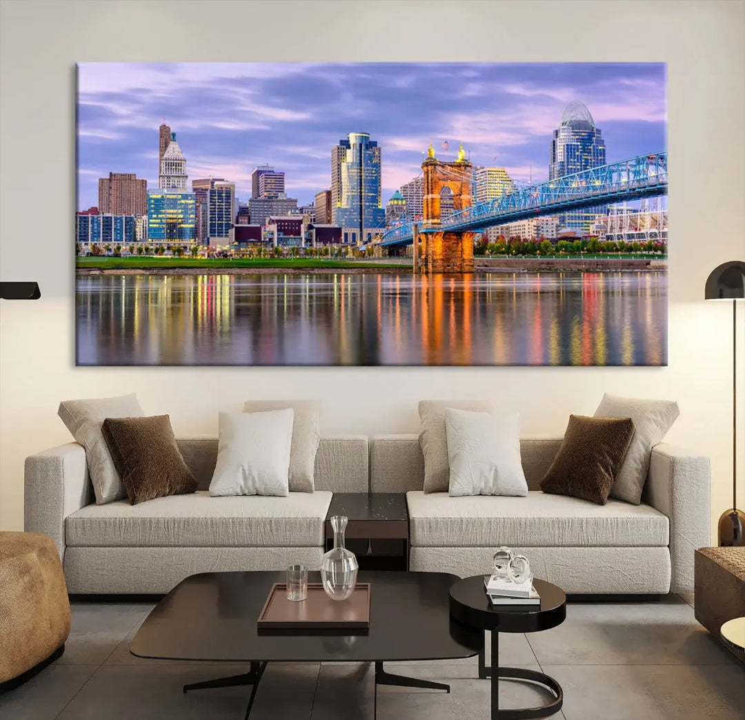 Extra Large Cityscape Cincinnati Sunset Skyline Wall Art Framed Canvas Print