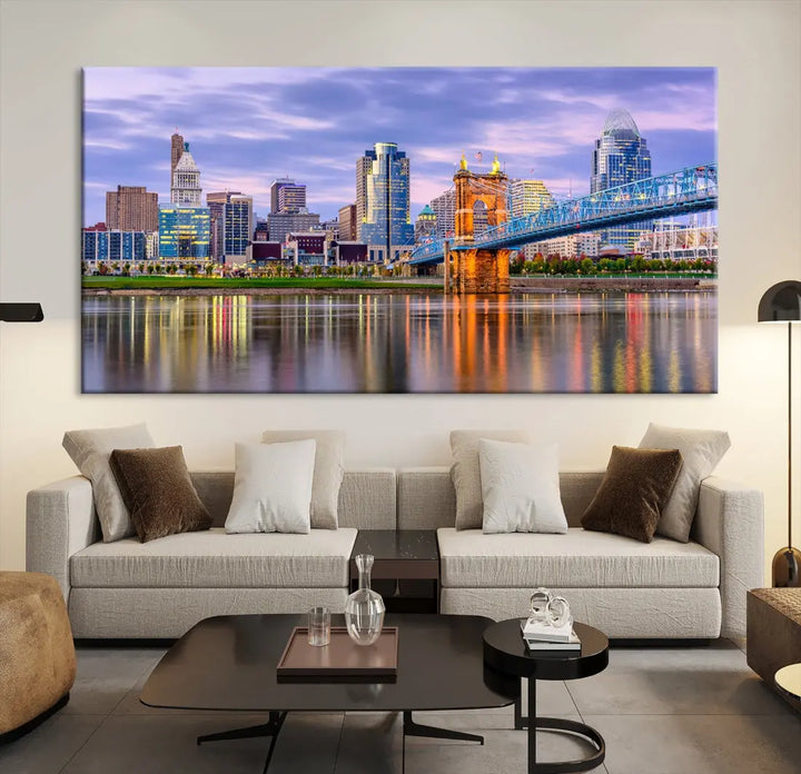 Extra Large Cityscape Cincinnati Sunset Skyline Wall Art Framed Canvas Print